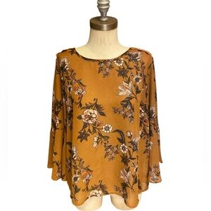 Jolt Blouse Split 3/4 Bell Sleeves Lace Trim Floral Crisscross Neck Sz Lg